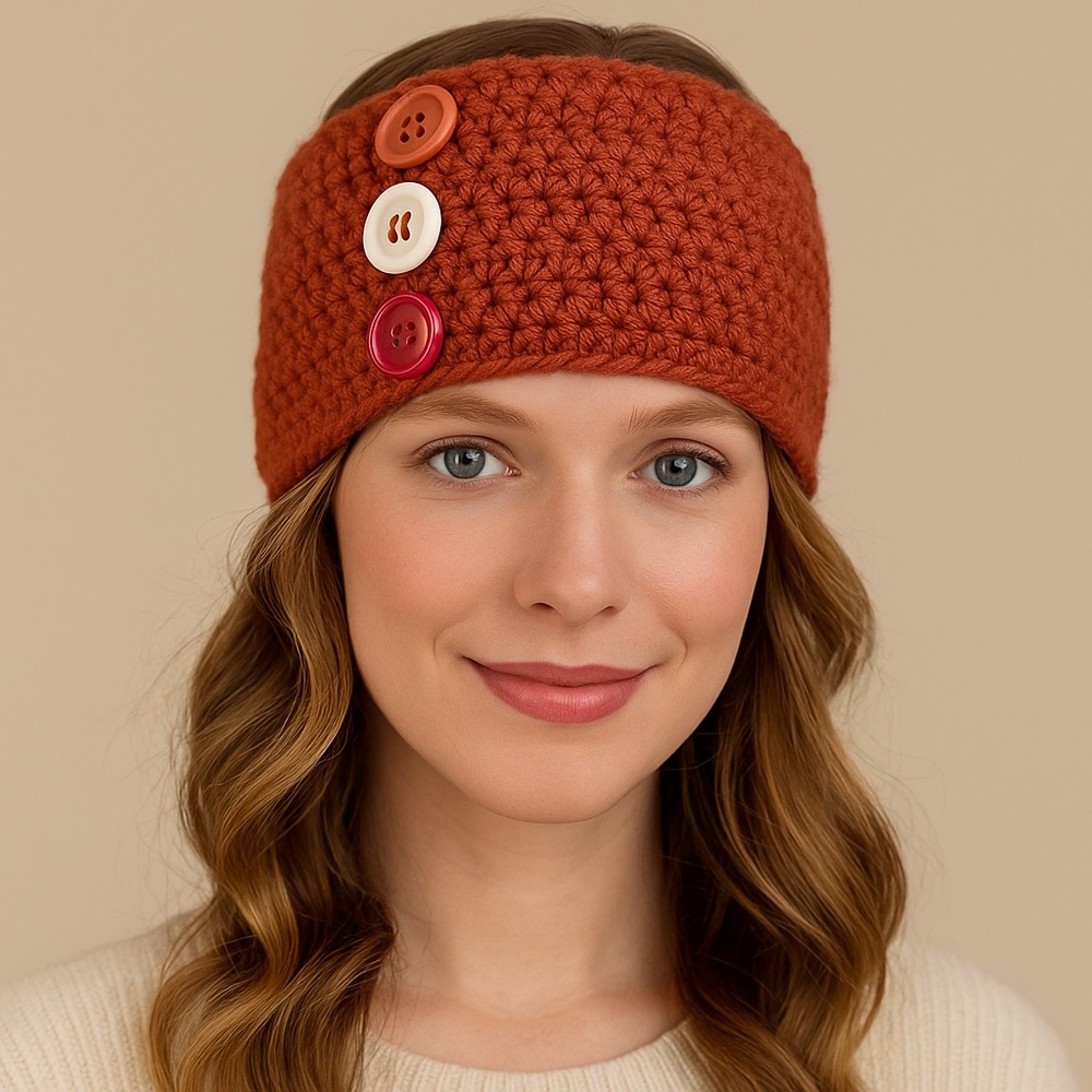 Handmade Red/orange Knit Buttons embellished Headband/Neck Warmer With 3 Decorat